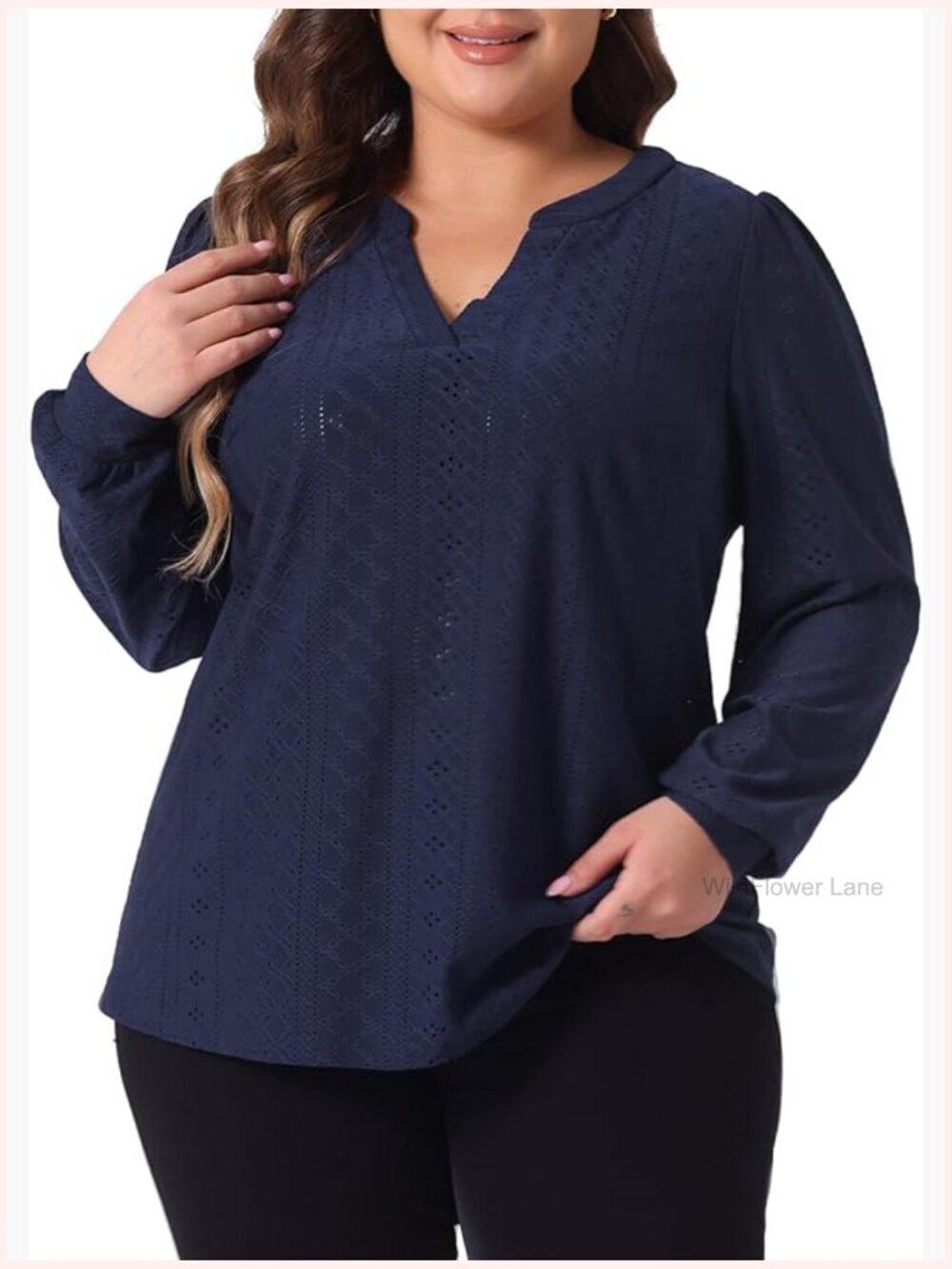 Plus Size Long Sleeve Tunic Blouse V Neck Loose Fit Hollow Top